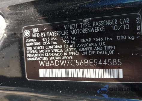 2011 BMW 328I из США, поврежденный, VIN WBADW7C56BE544585